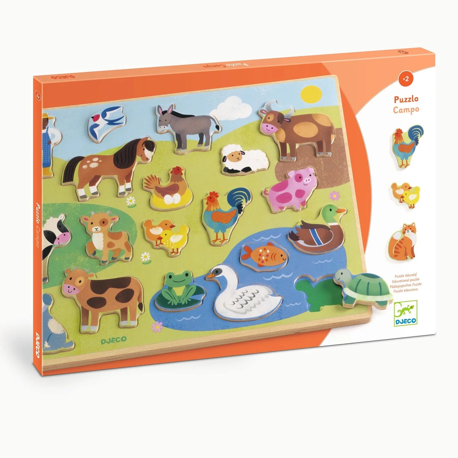 Children's farm animal puzzle with wooden pieces on a colorful box