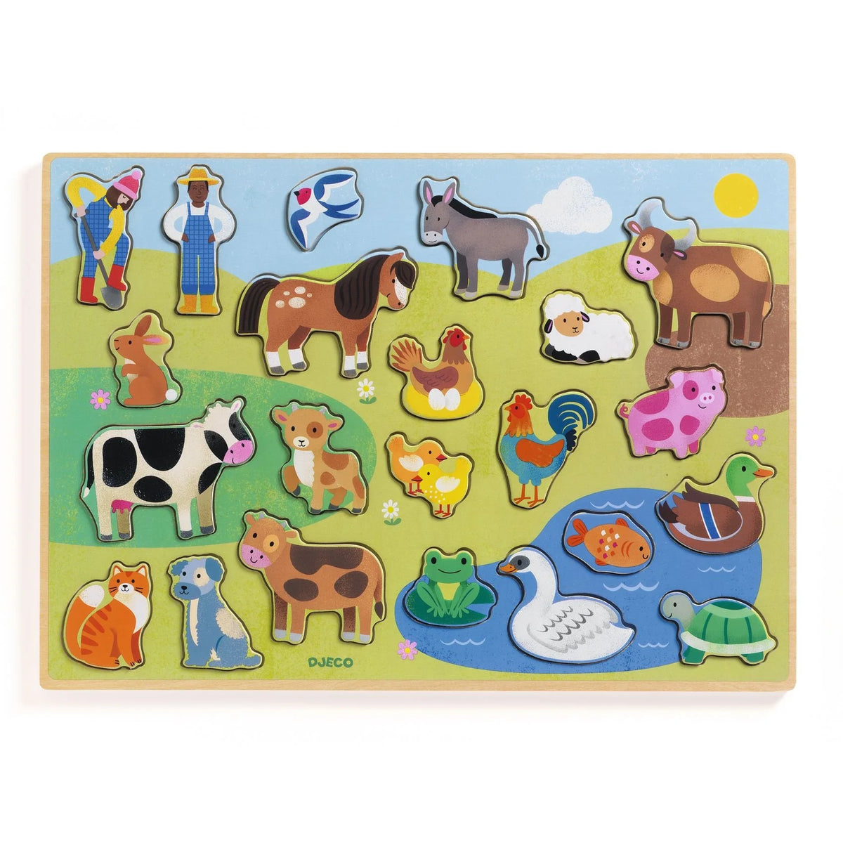 Wooden puzzle with colorful farm animal figures on a wooden board