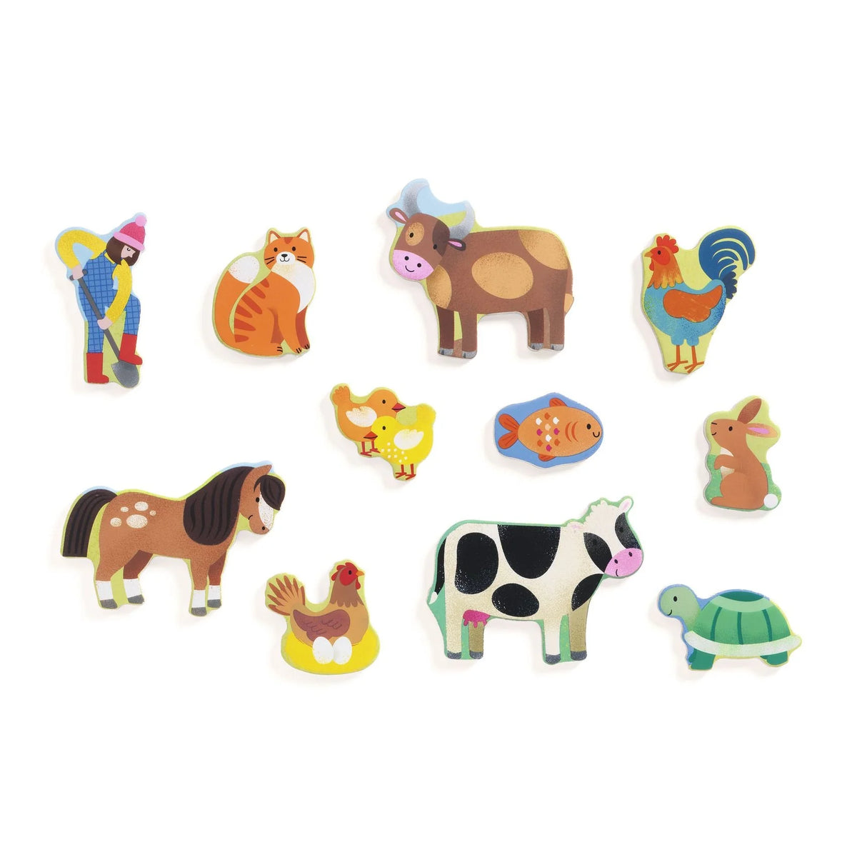 Set of colorful animal-shaped magnets on a white background