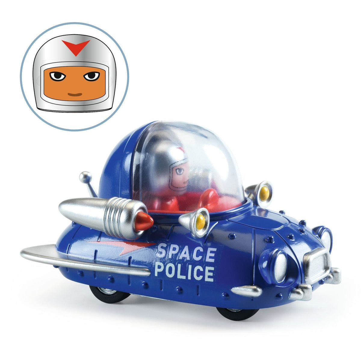 Toy space police vehicle with a helmet inset on a white background