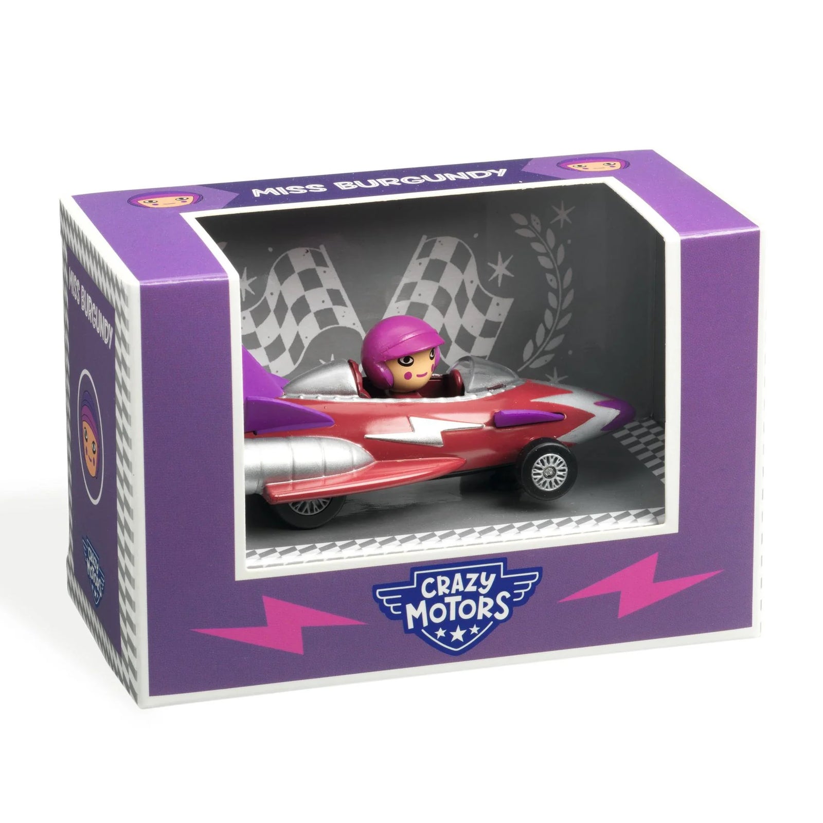 Toy figure in a purple and red vehicle on a white background