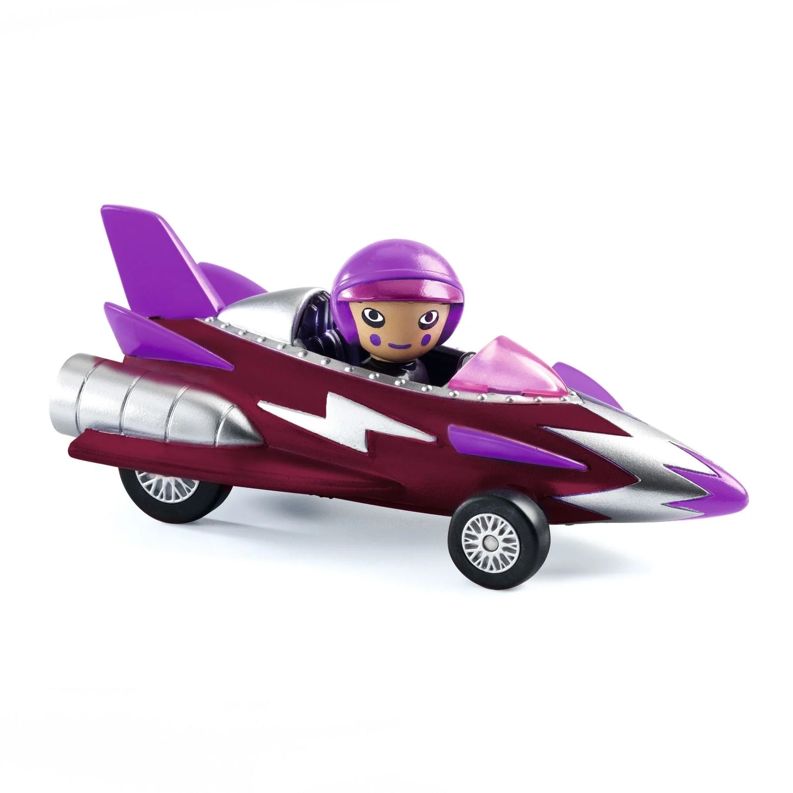 Toy figure in a purple and red vehicle on a white background