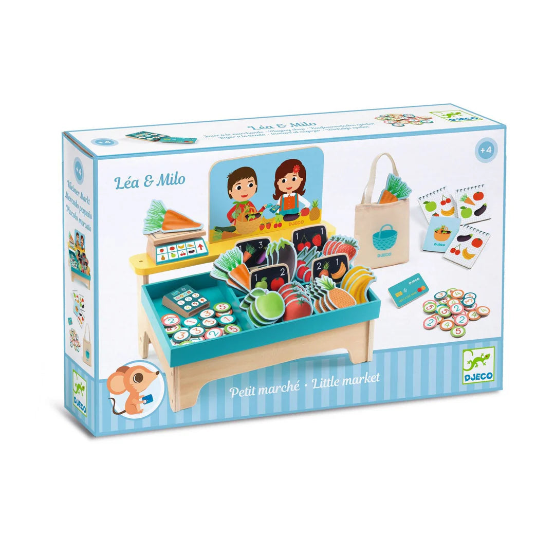 Toy market set packaging with colorful illustrations on a white background