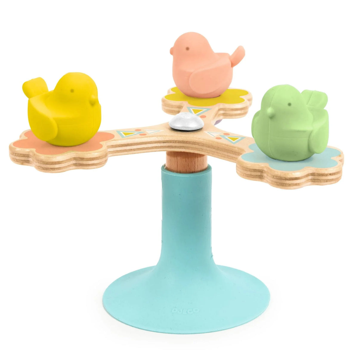 Colorful bird-themed spinning toy with pastel colors on a white background