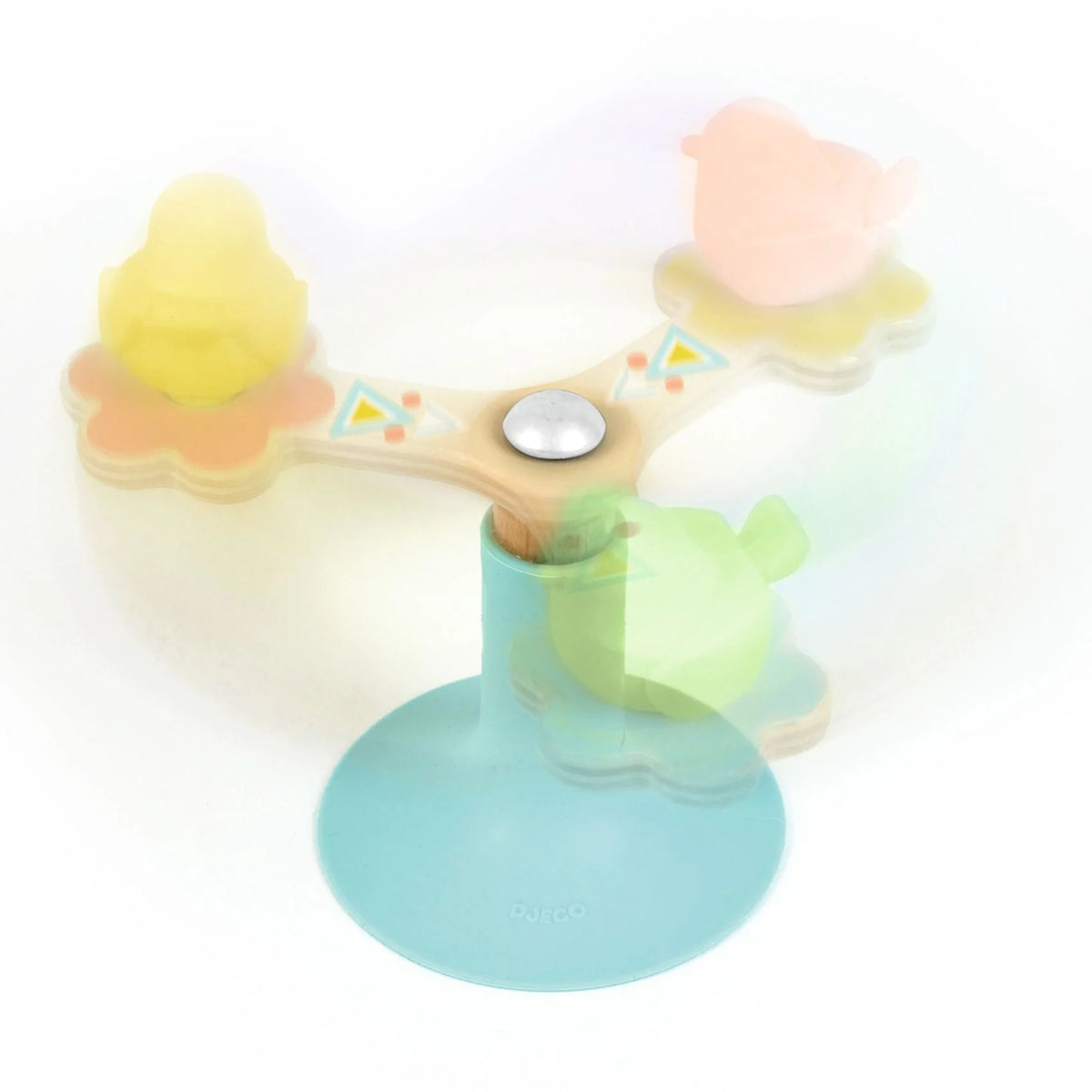 Colorful wooden balance toy with pastel shades on a white background