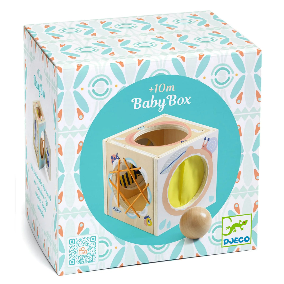 Box packaging of a baby toy with colorful design and DJECO branding