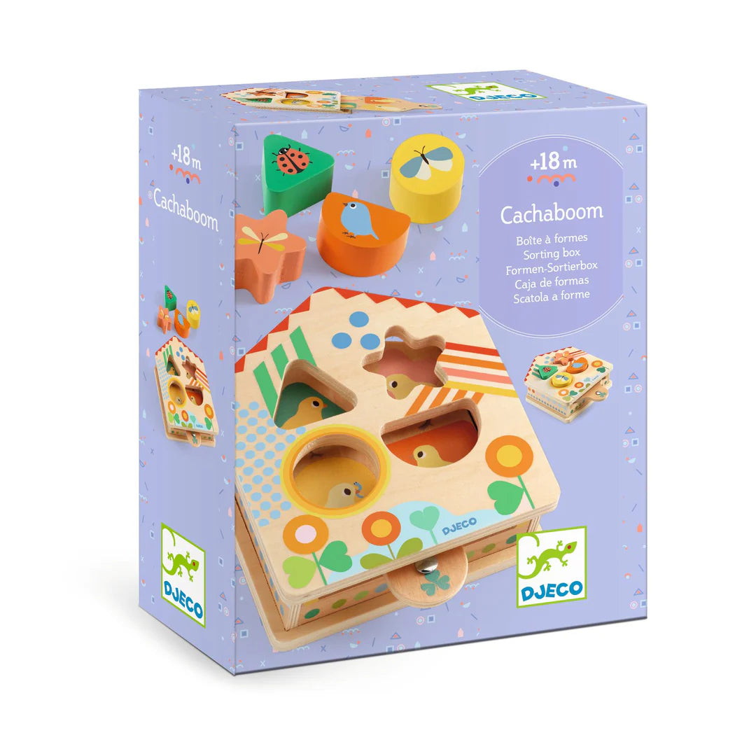 Wooden shape sorting toy with colorful packaging on a white background