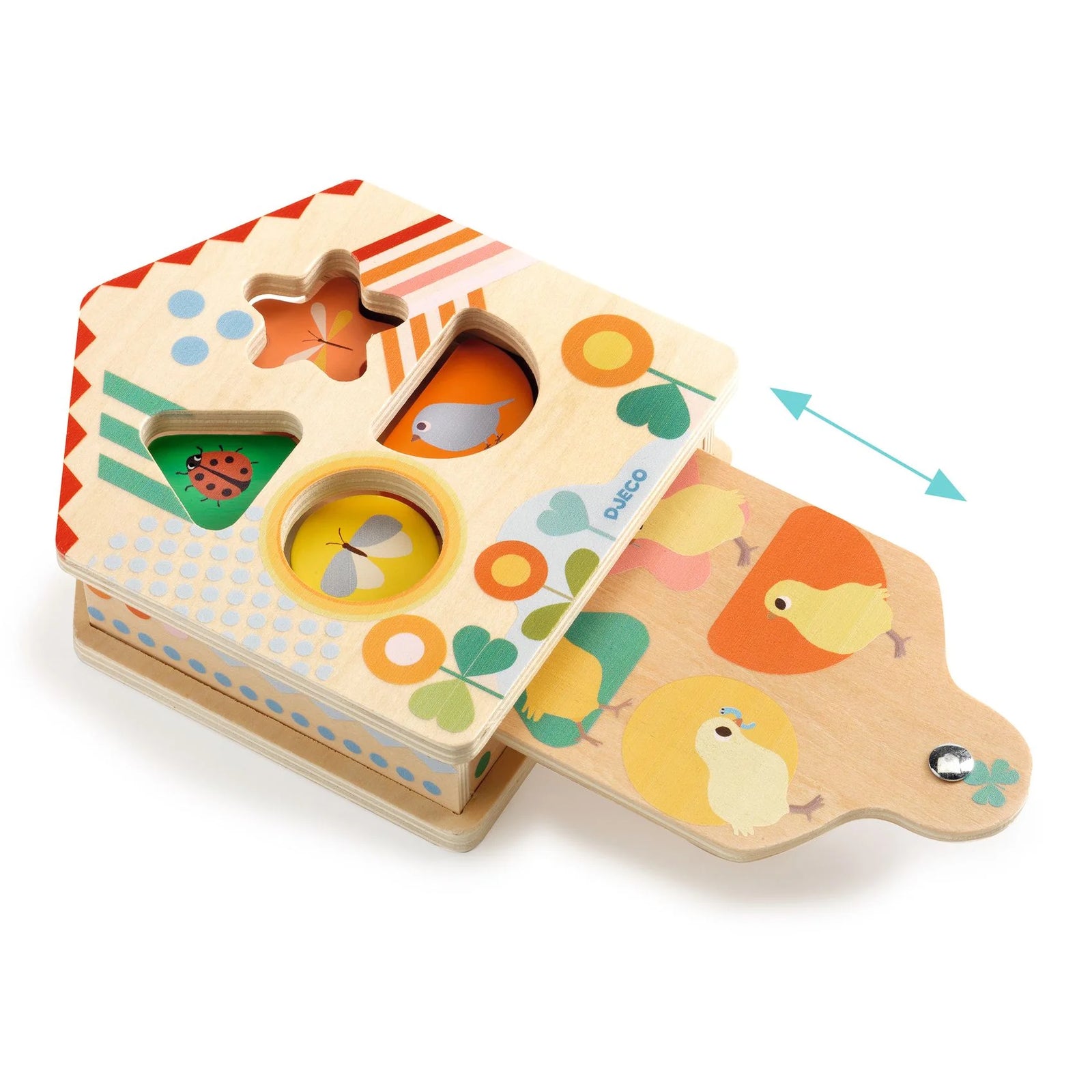 Wooden shape sorting toy with colorful packaging on a white background