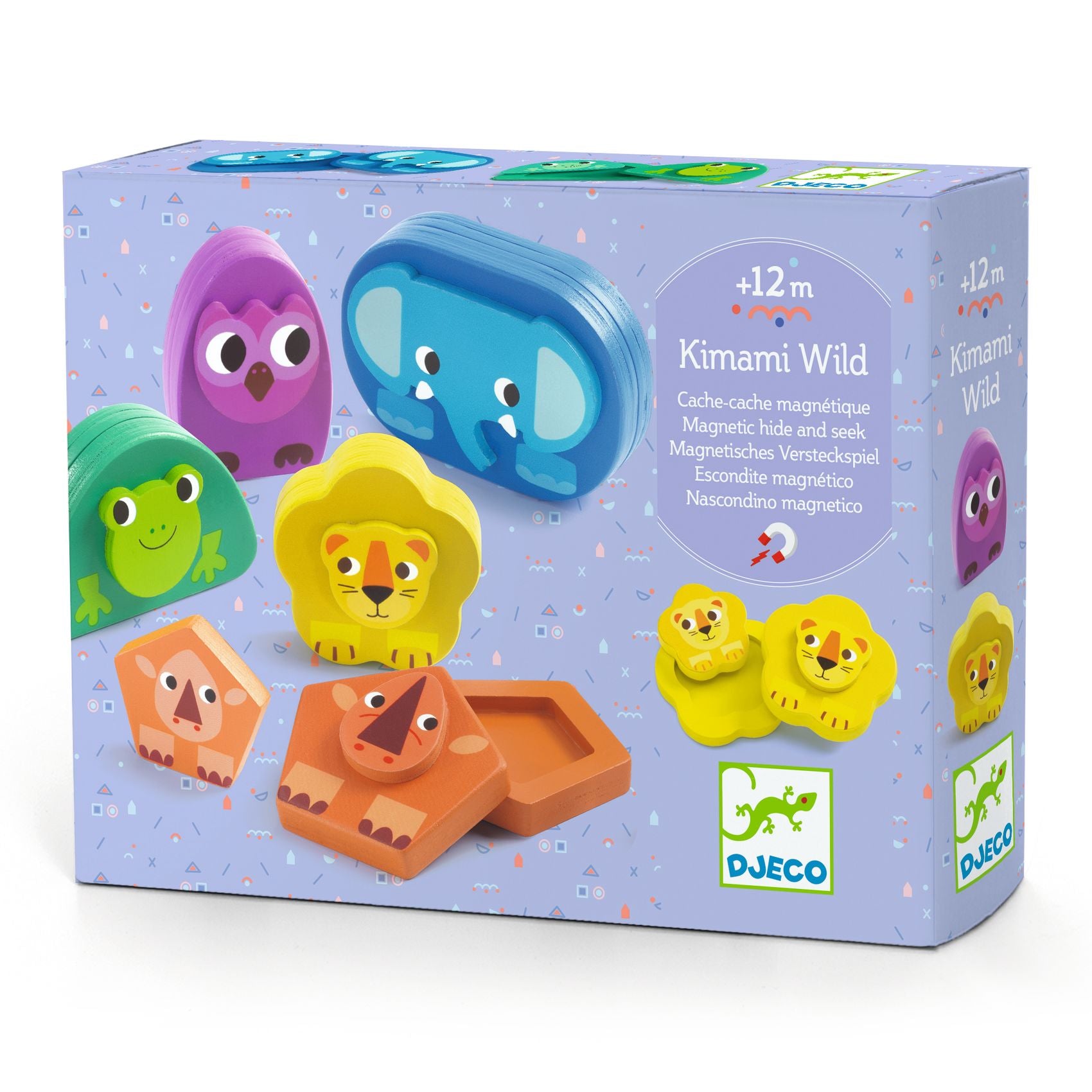 Packaging for 'Kimami Wild', a magnetic game by Djeco featuring various colorful animal-shaped magnets.