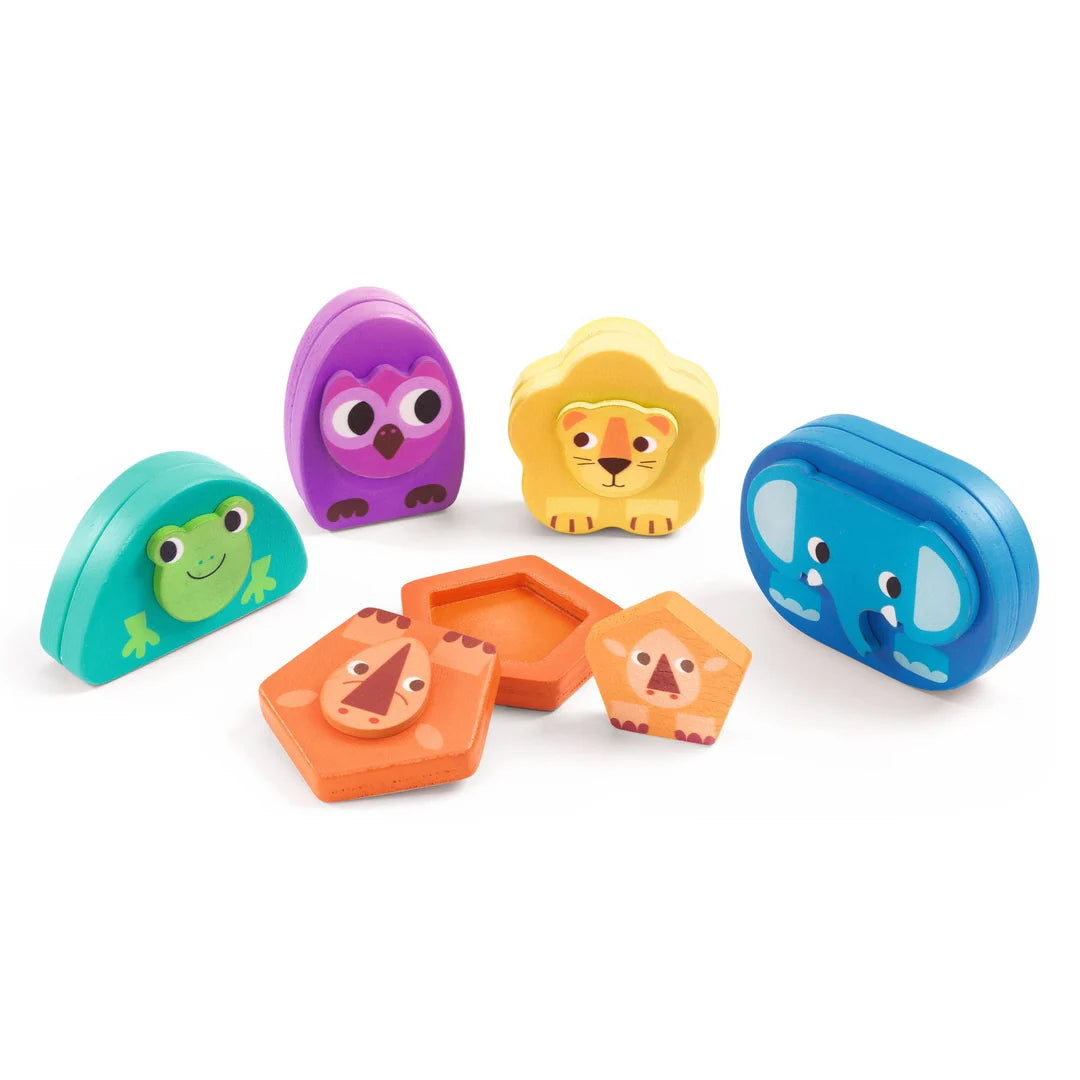 Set of colorful animal-shaped toys on a white background