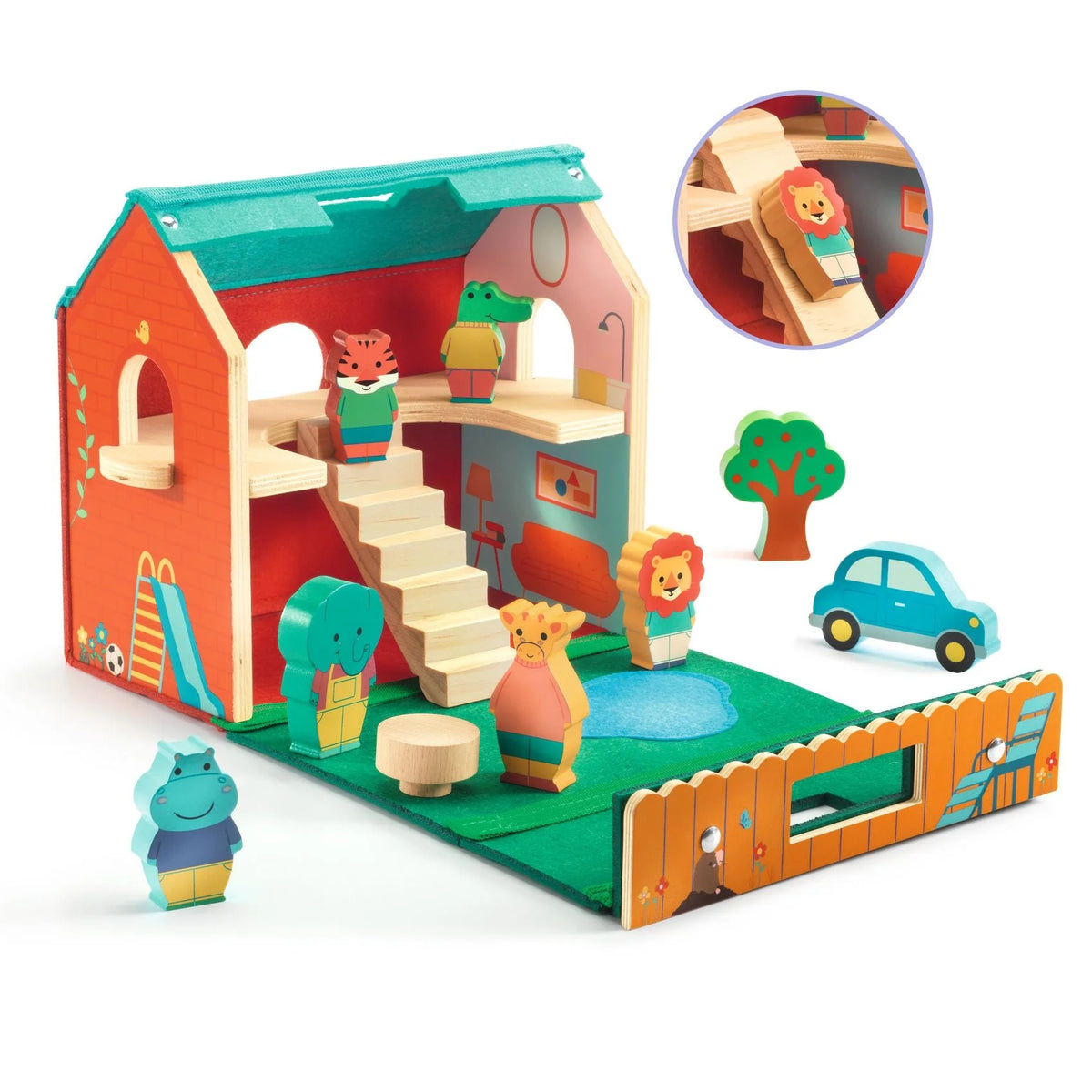 Colorful wooden playset with animals and a car on a white background