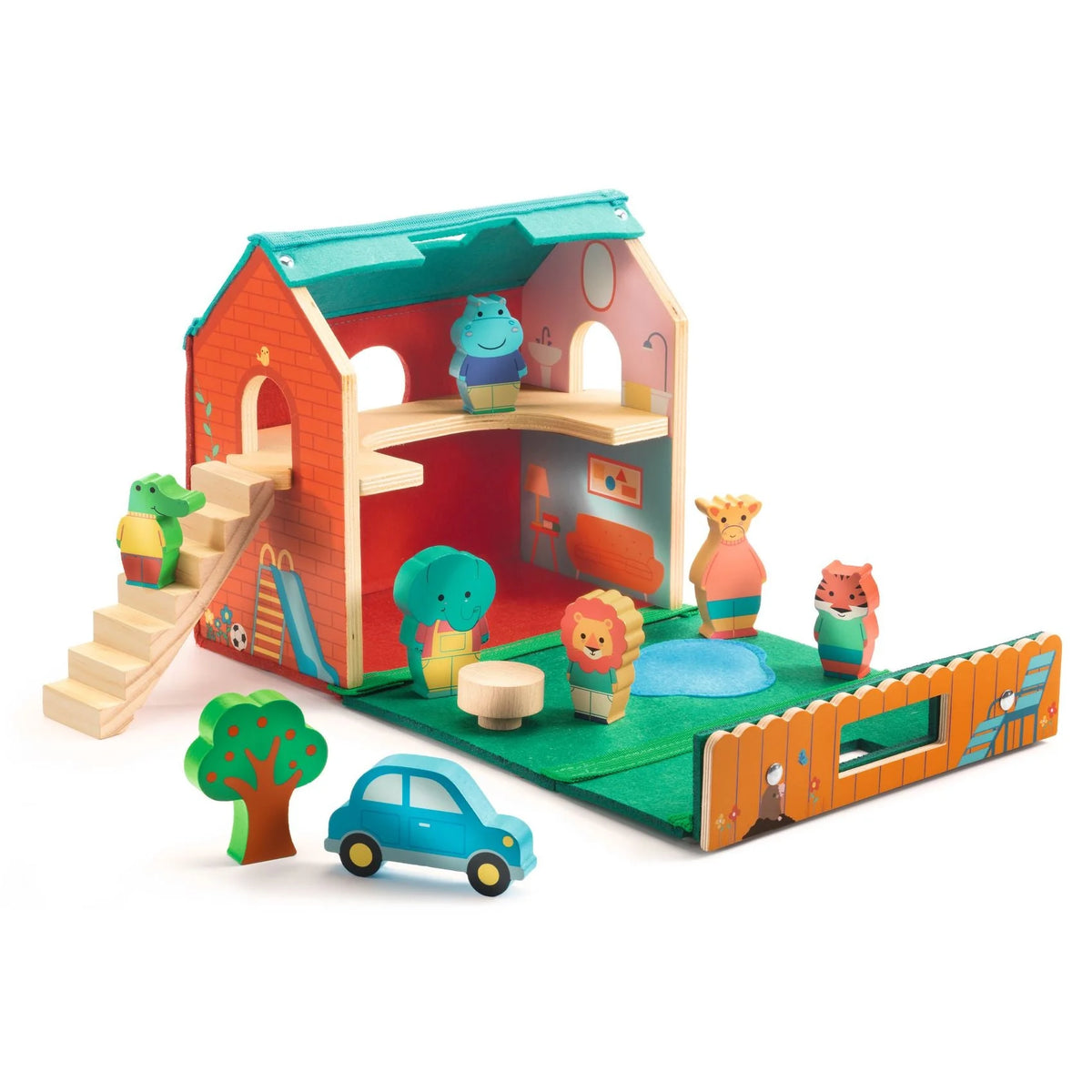 Children's playset with wooden house, animals, and car on a white background
