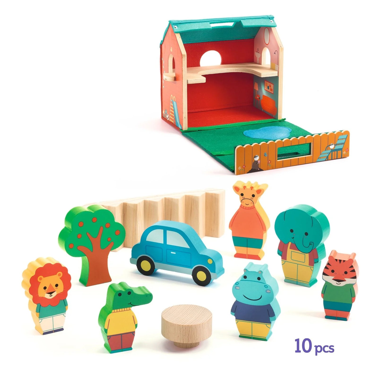 Colorful wooden playset with animals and a car on a white background