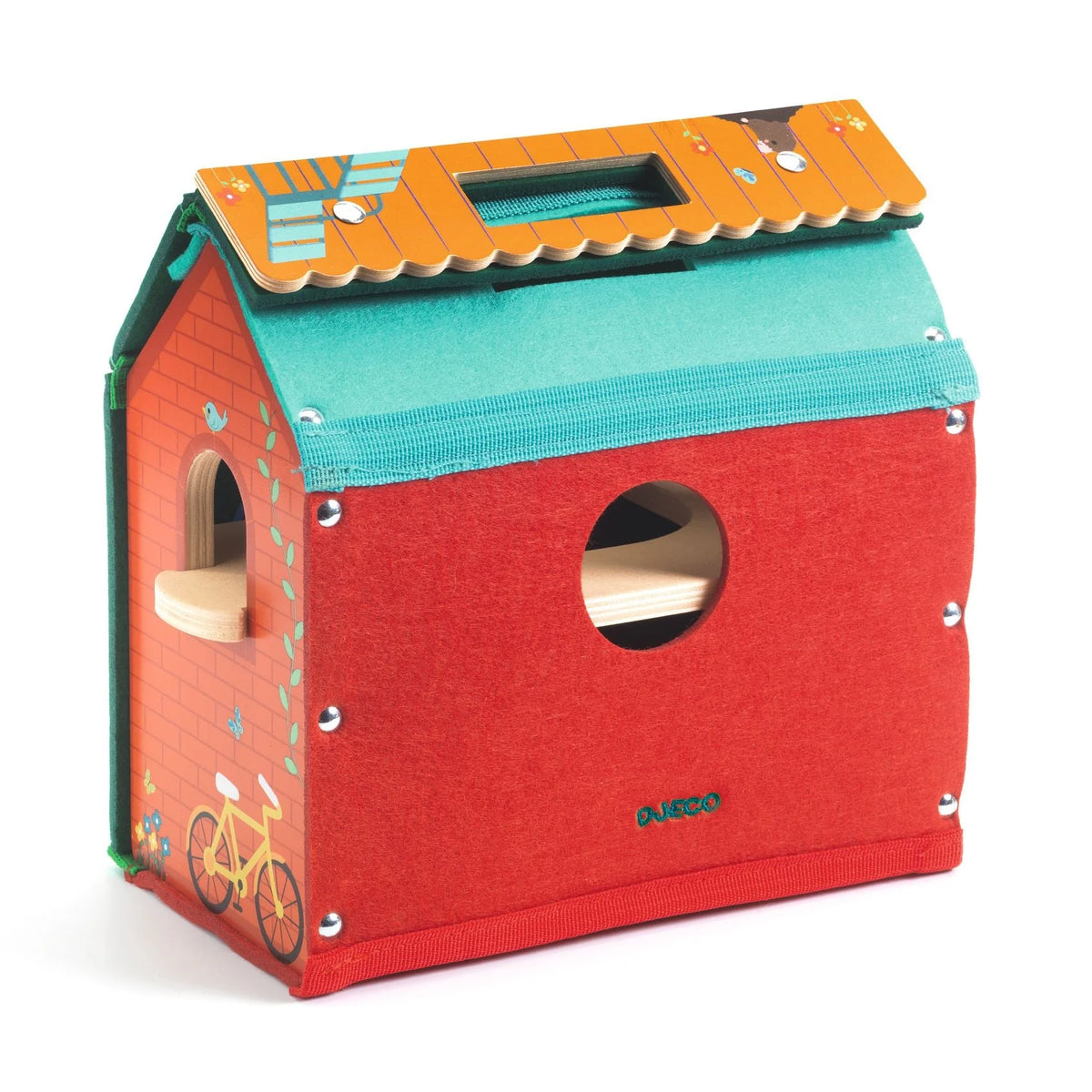 Colorful toy house with a red base and turquoise roof on a white background