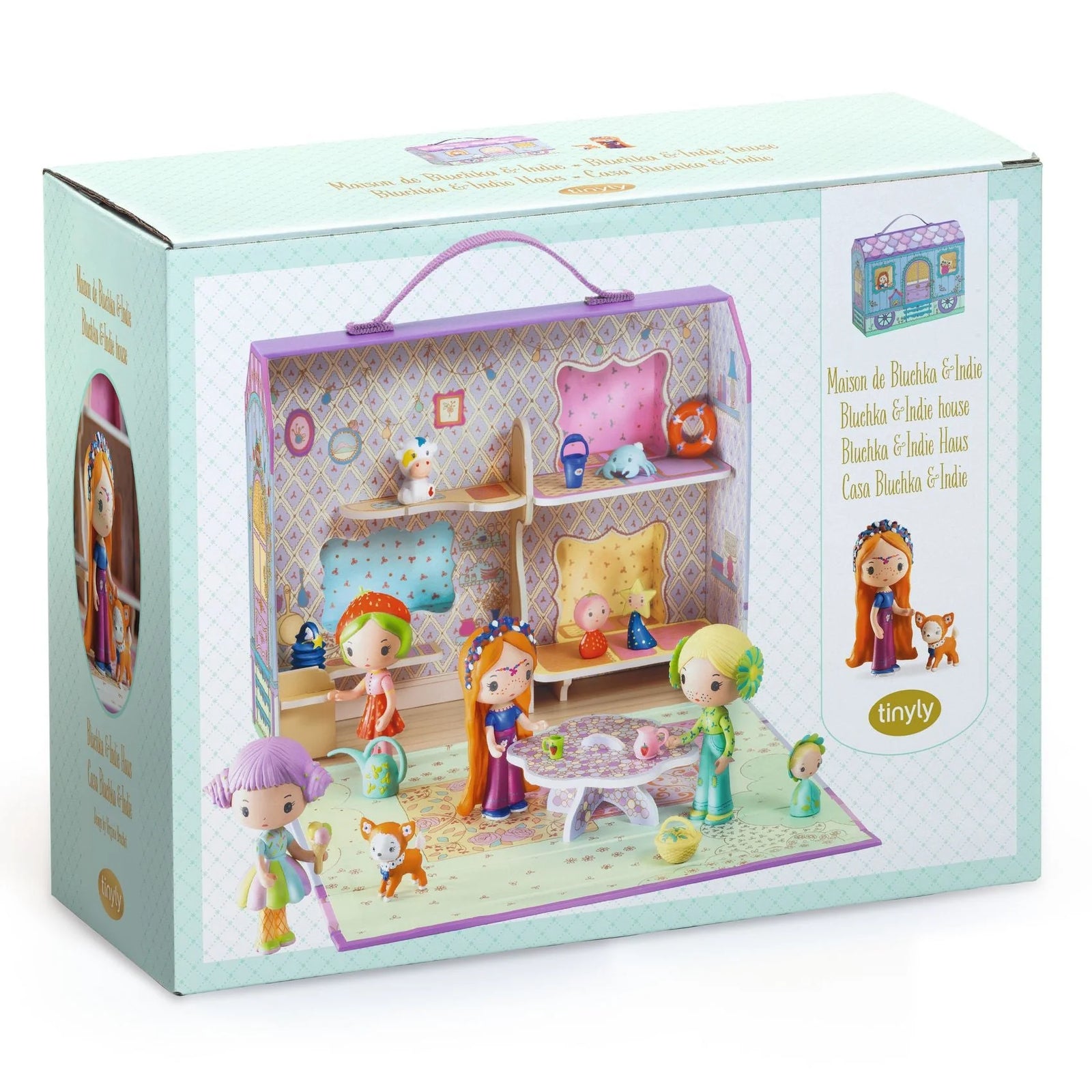 Dollhouse toy set with figures and furniture in a colorful box packaging.