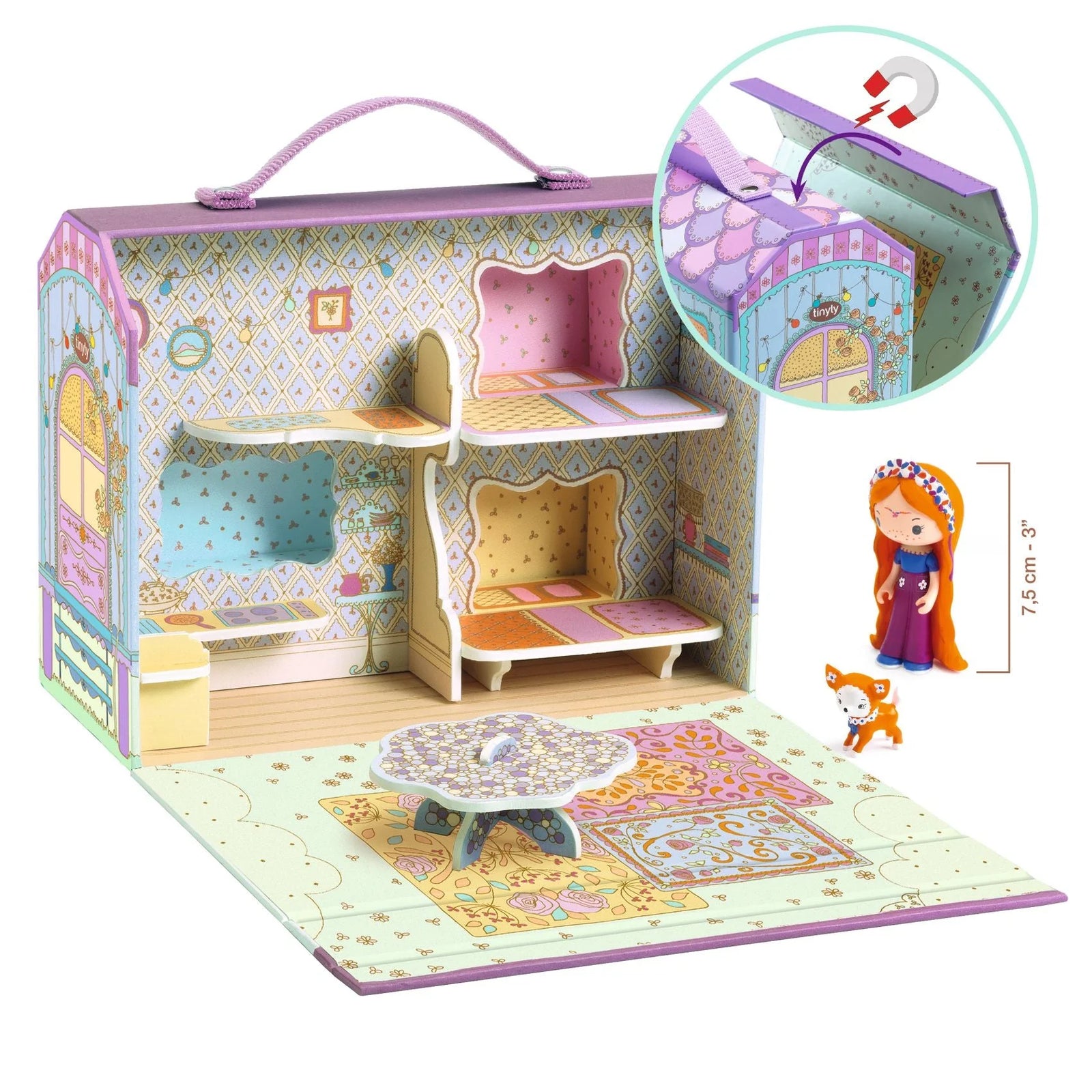 Dollhouse toy set with figures and furniture in a colorful box packaging.