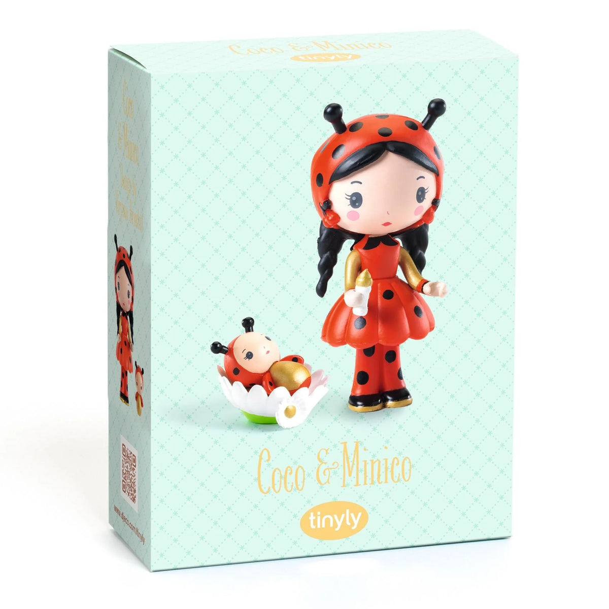 Toy figure of a ladybug girl with packaging featuring 'Coco & Minico' branding.