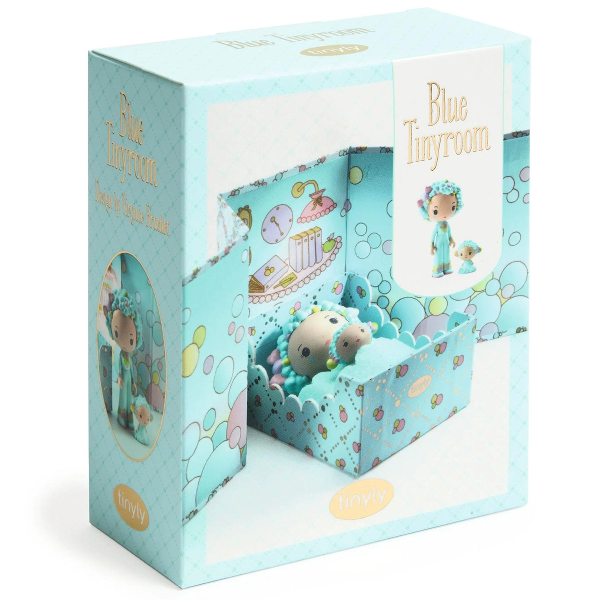 Blue toy with packaging featuring 'Blue tinyroom' branding on a white background