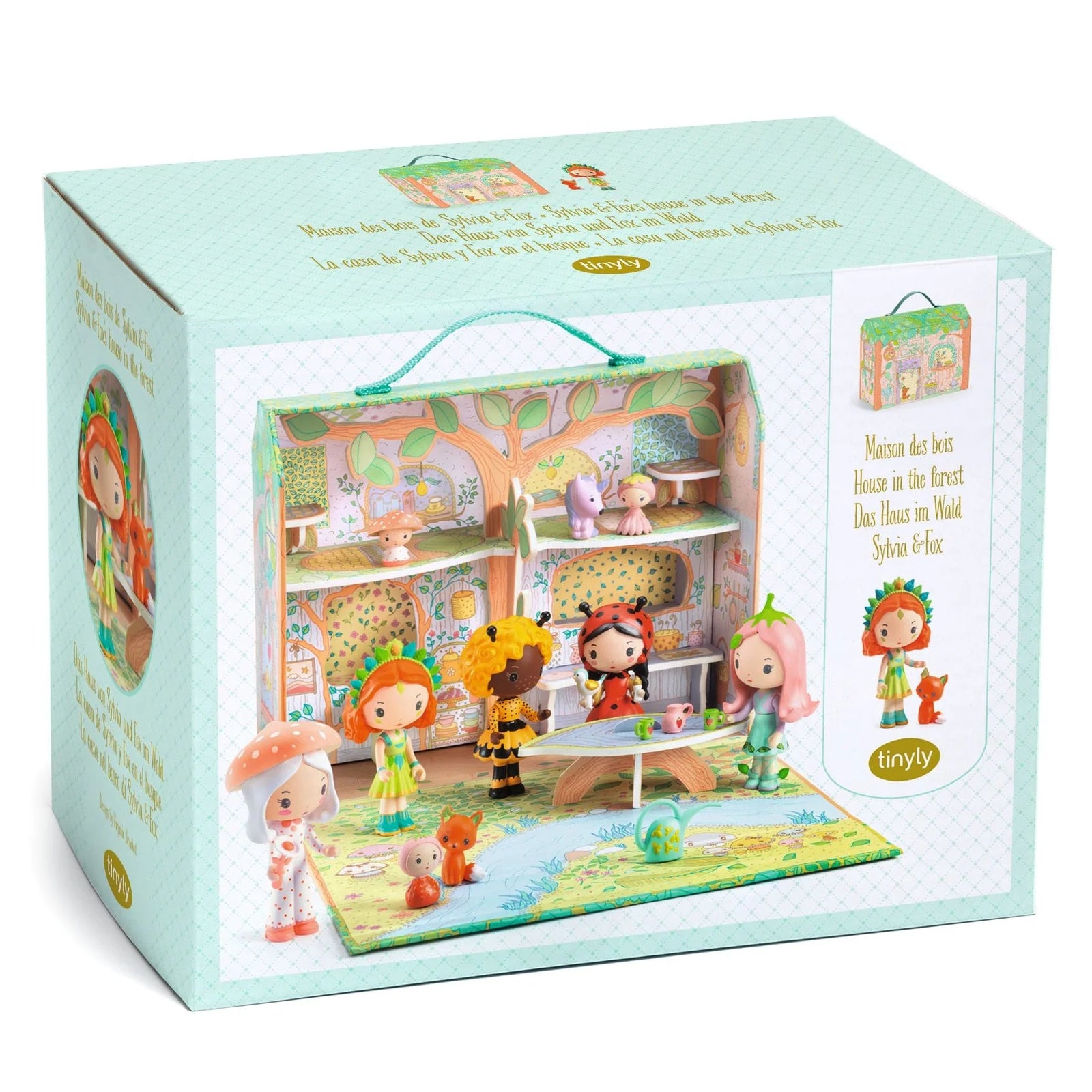 Toy dollhouse set in a box with characters and furniture, featuring a light blue background.