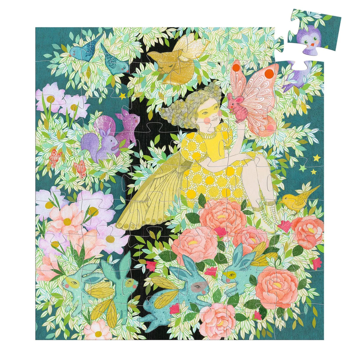 Colorful fairy-themed puzzle with flowers and butterflies on a green background