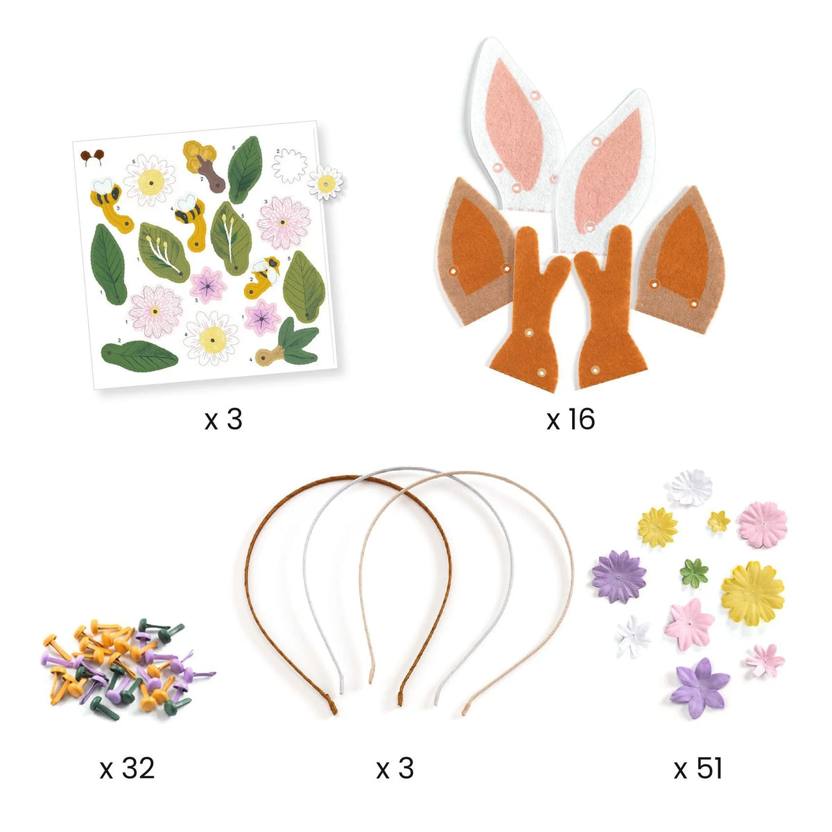Set of craft supplies including bunny ears, flowers, and a hot air balloon with quantities indicated.