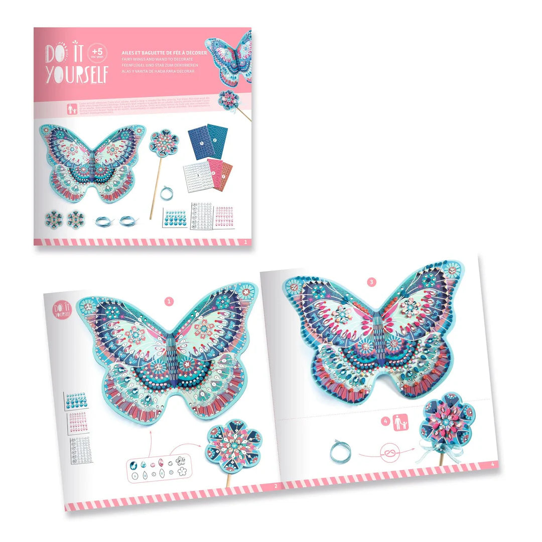 Butterfly-themed craft kit with colorful designs on a white background