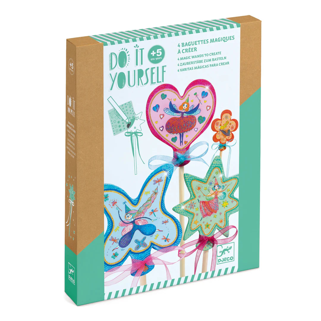 Box of fairy-themed wands  with colorful designs on a white background