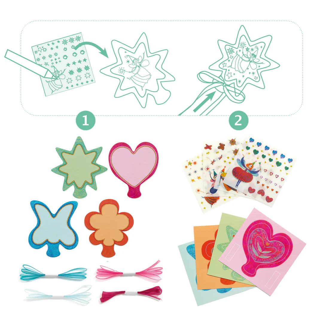 Box of fairy-themed wands  with colorful designs on a white background