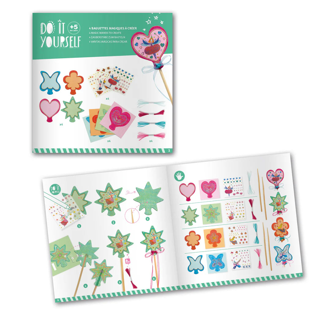 Colorful craft kit with stickers and templates on a white background