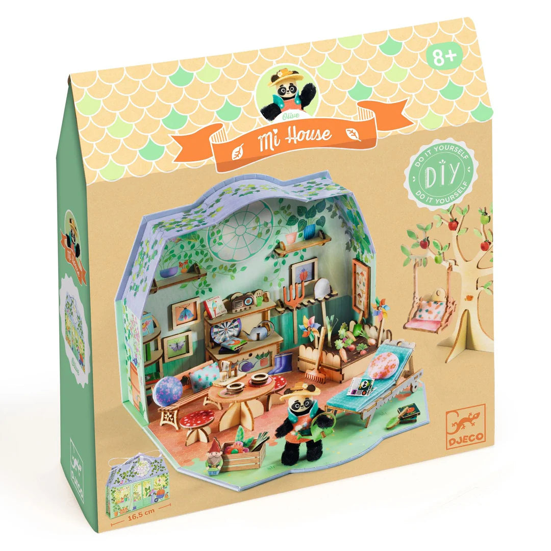 Boxed toy house with panda figures and furniture, featuring the brand 'My House' and 'Djeco'.