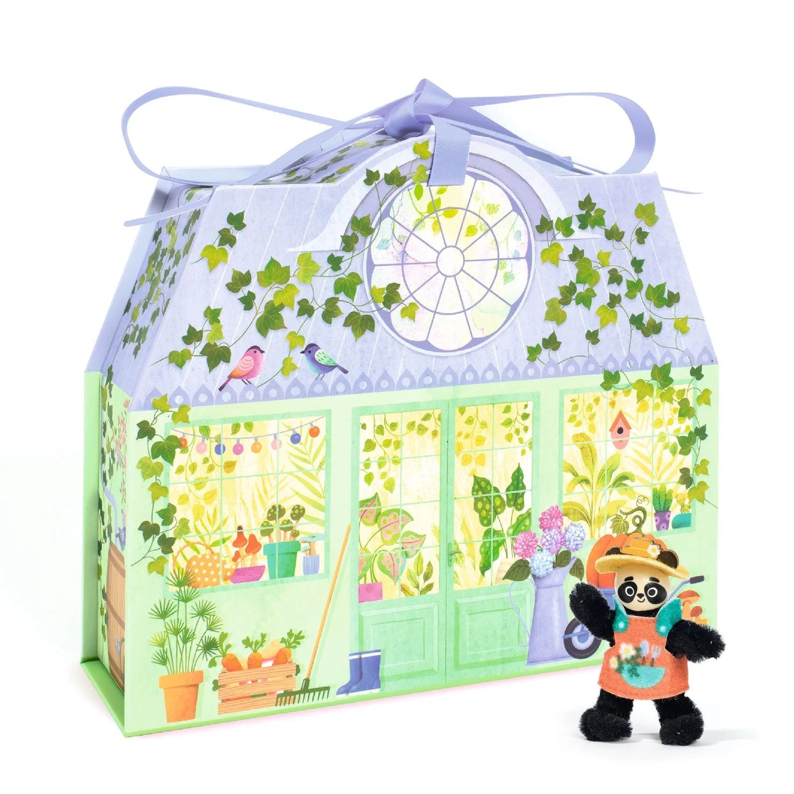 Boxed toy house with panda figures and furniture, featuring the brand 'My House' and 'Djeco'.