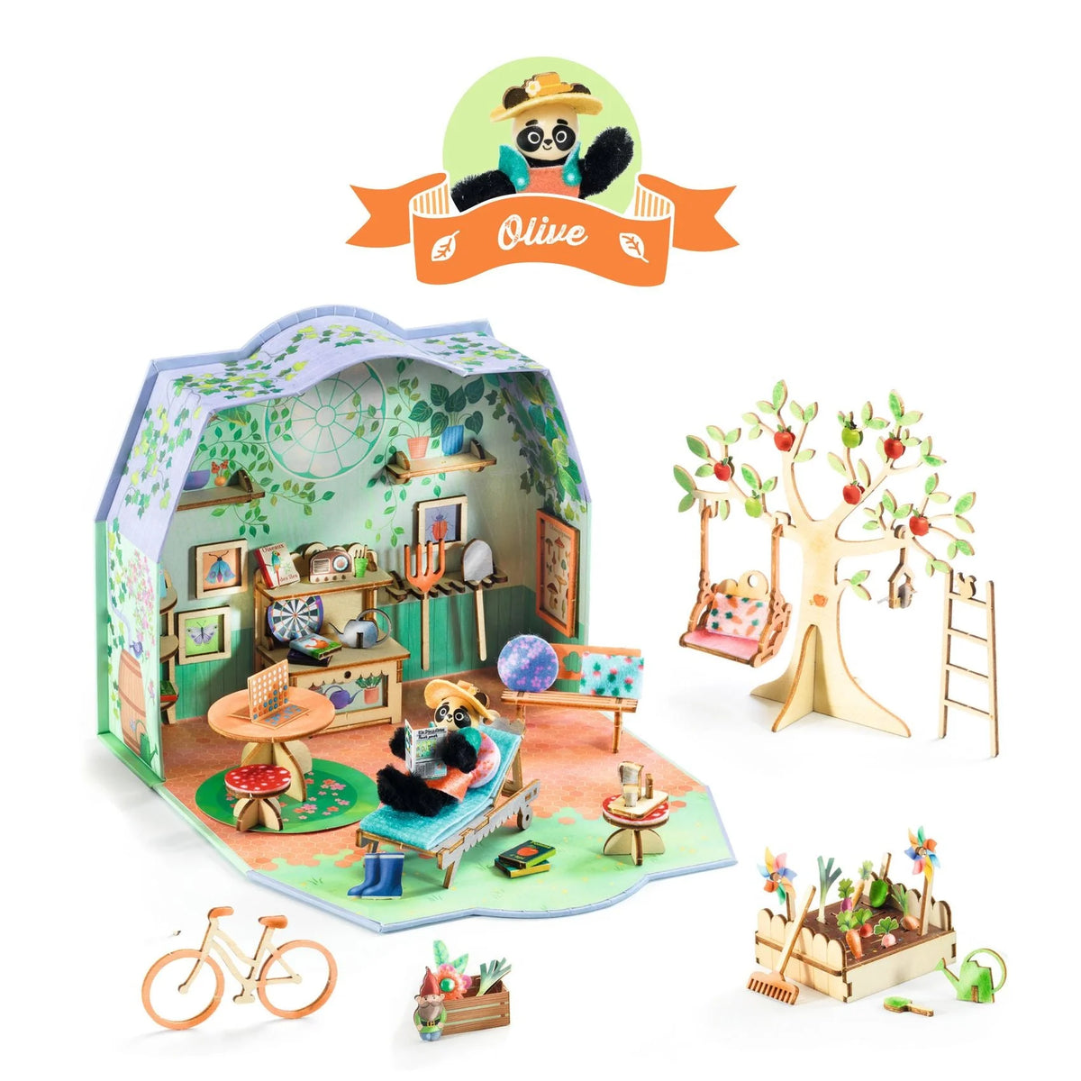 Toy house set with furniture and accessories on a white background