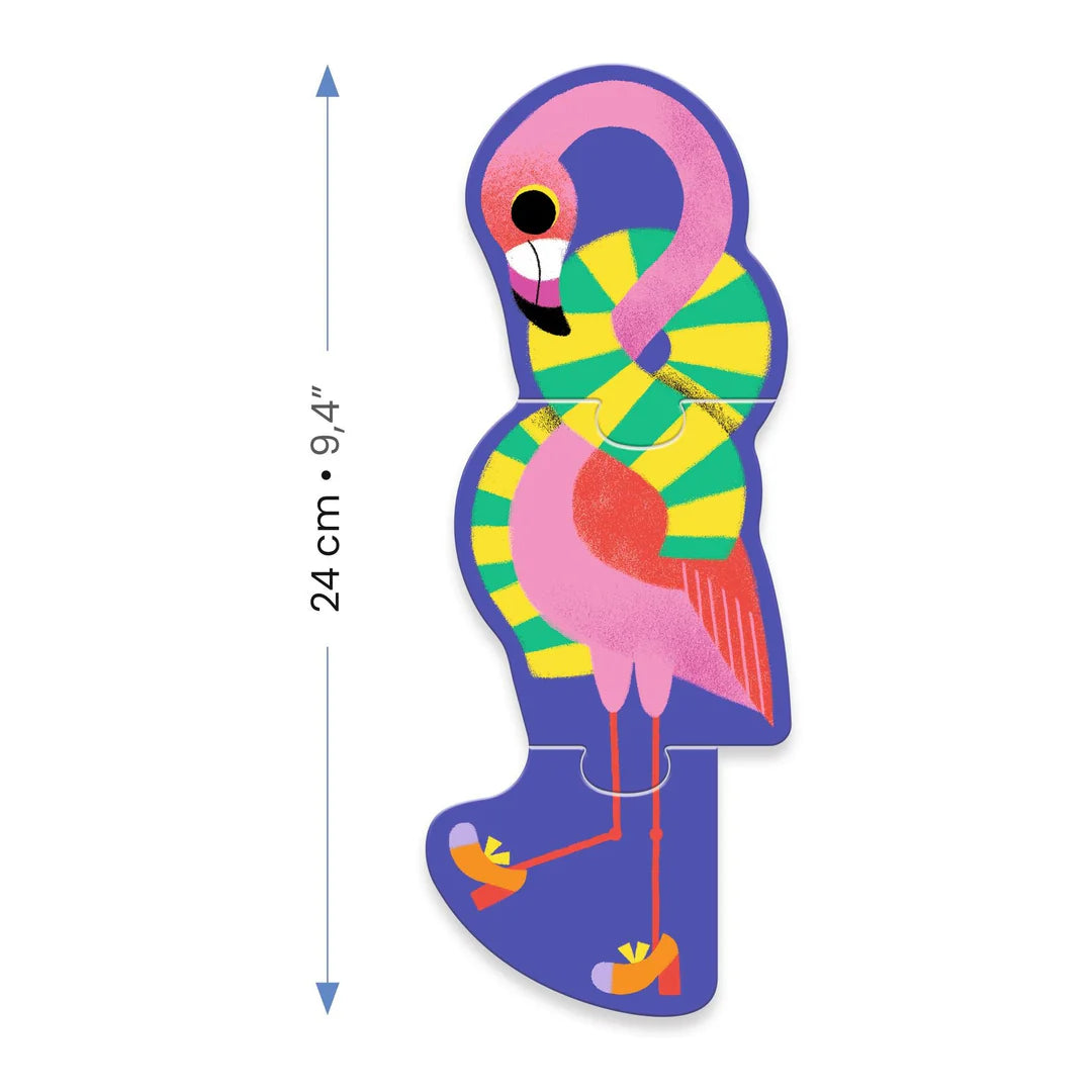 Colorful flamingo-shaped puzzle piece with dimensions on a white background