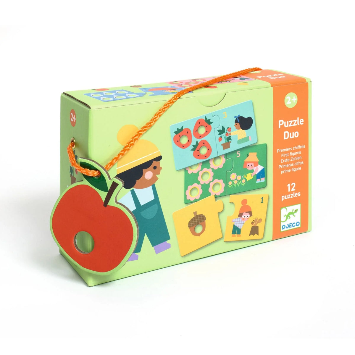 Children's puzzle duo packaging with a child and apple illustration on a white background