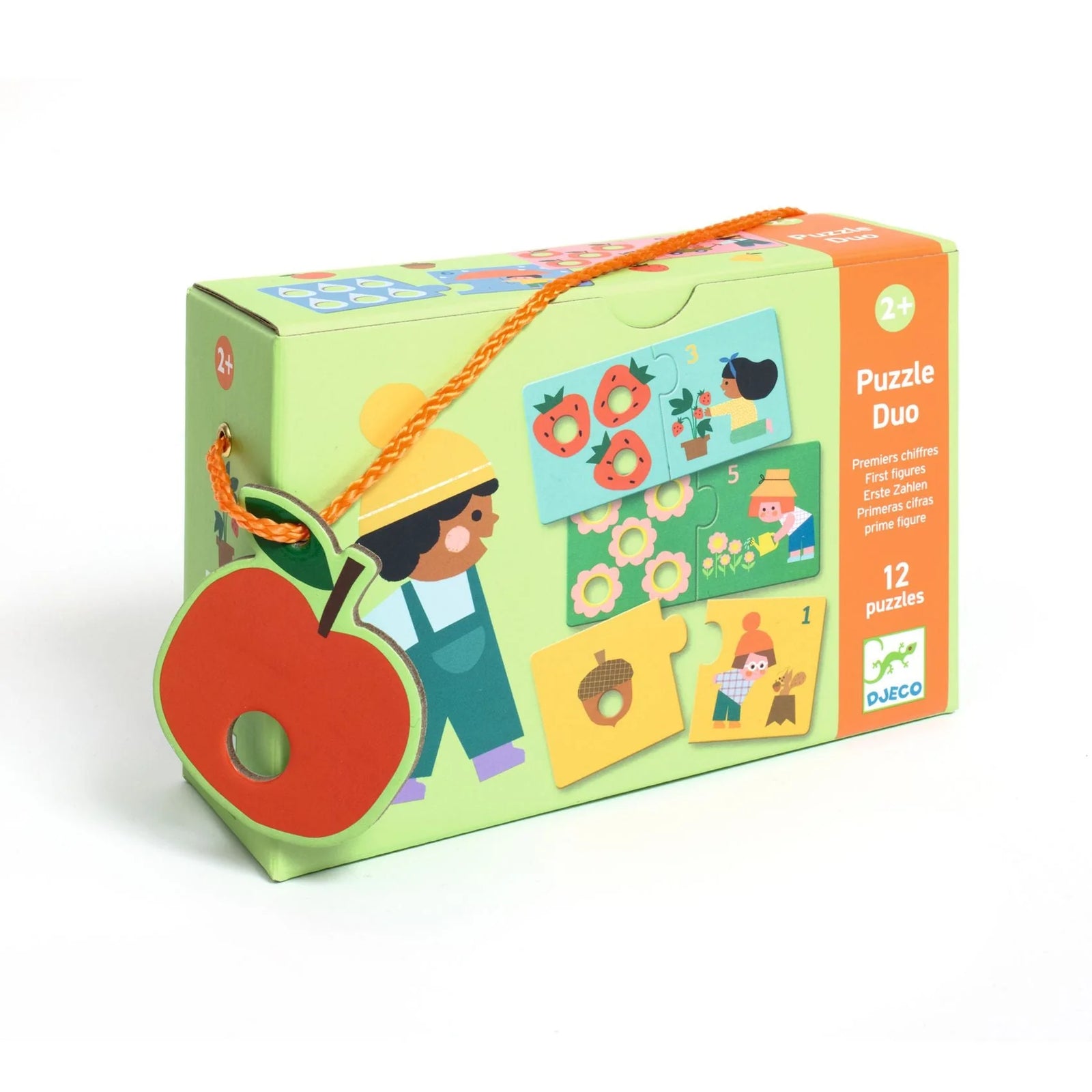 Children's puzzle duo packaging with a child and apple illustration on a white background