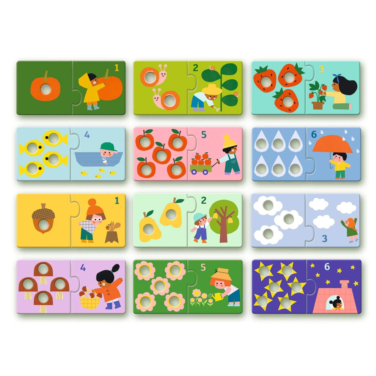 Set of colorful children's puzzles with illustrations and numbers on a white background