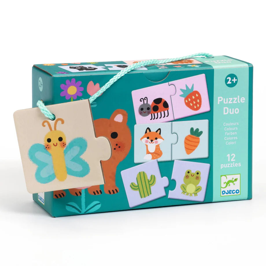 Children's puzzle duo packaging with illustrations of animals and objects on a teal background