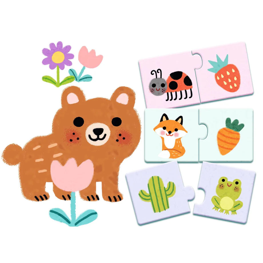 Children's puzzle duo packaging with illustrations of animals and objects on a teal background