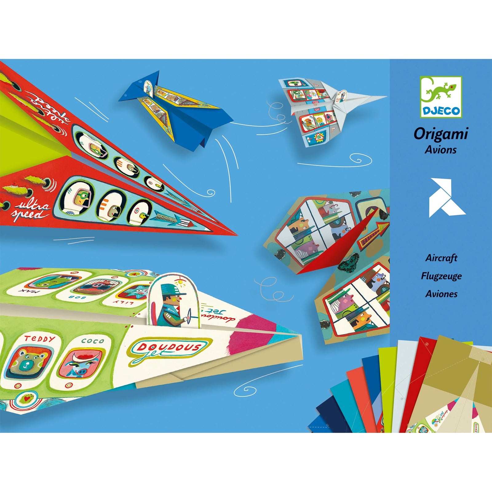 Origami airplane kits with colorful designs on a blue background, featuring the Djeco brand.