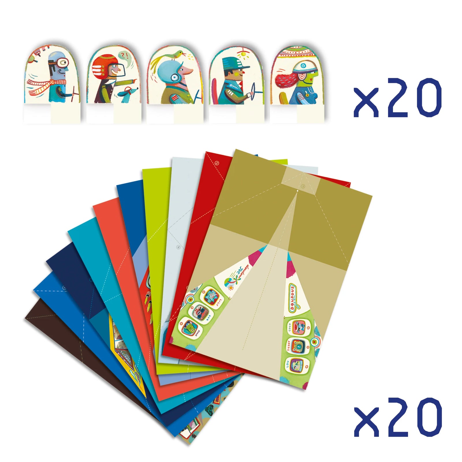 Origami airplane kits with colorful designs on a blue background, featuring the Djeco brand.