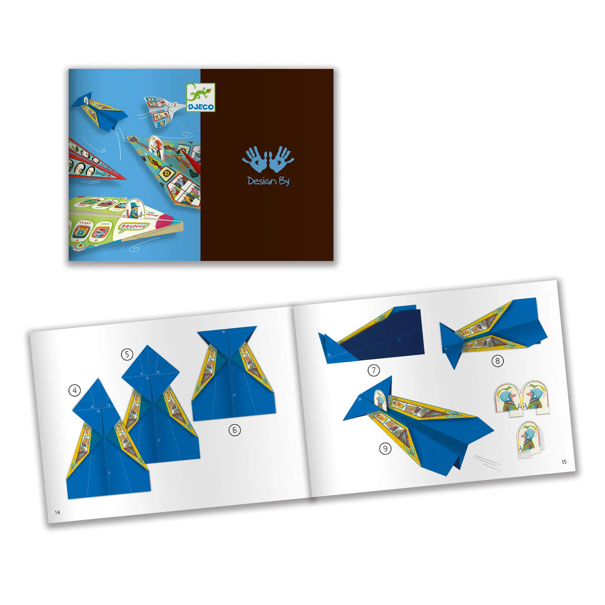 Instruction manual for assembling a blue kite with a brown cover displaying a logo.