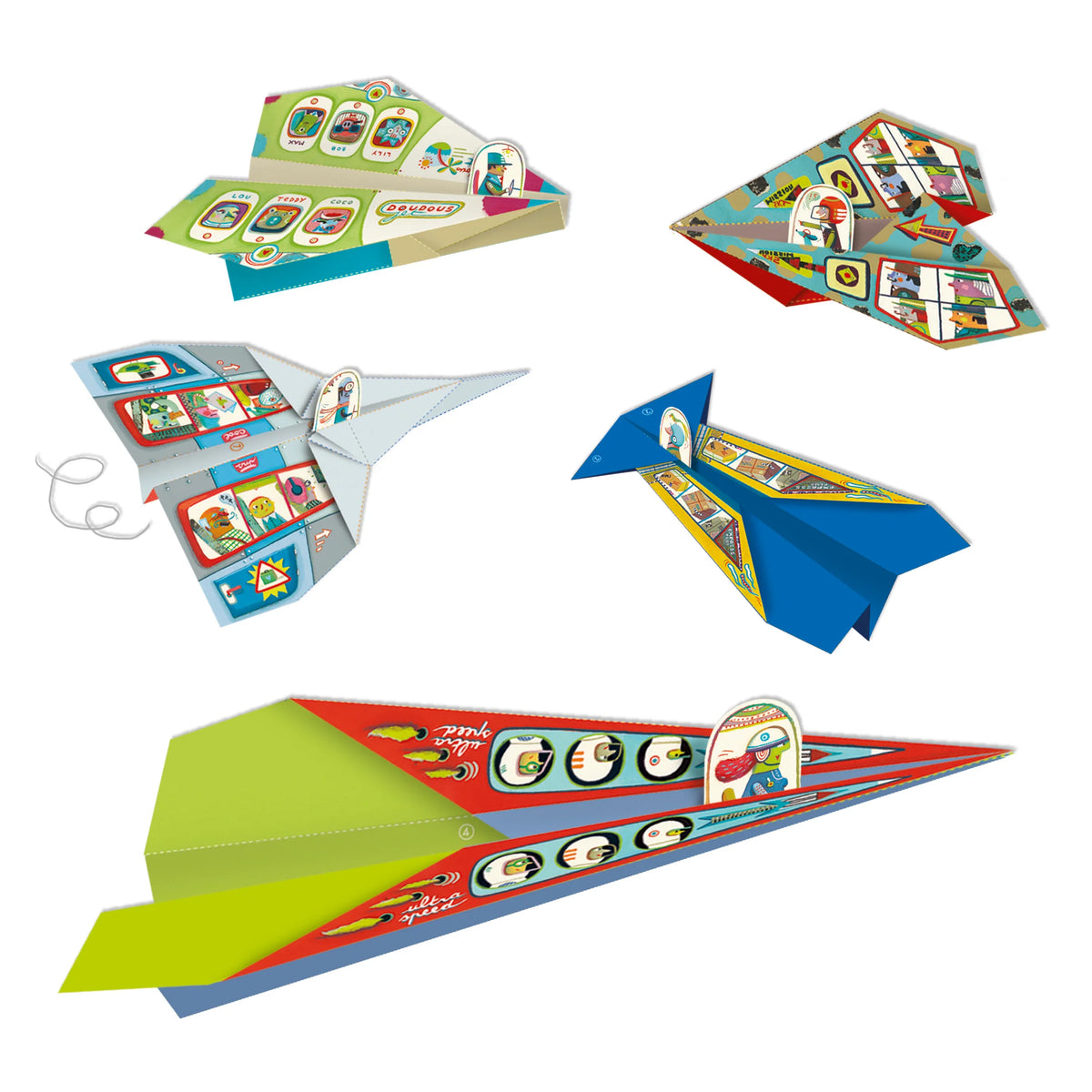 Colorful paper airplanes with cartoon characters on a white background