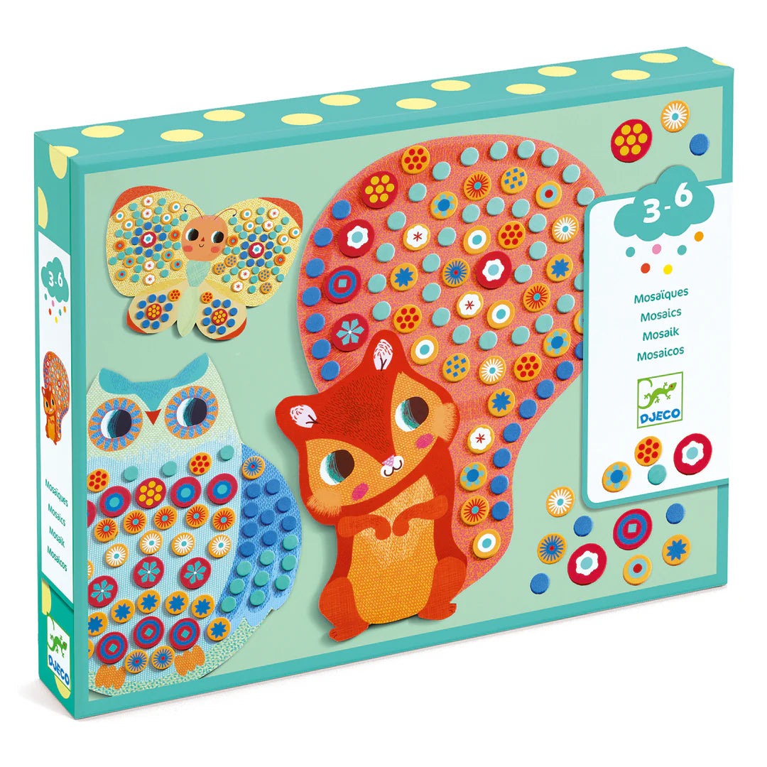 Colorful packaging of a mosaic kit with animals on a white background