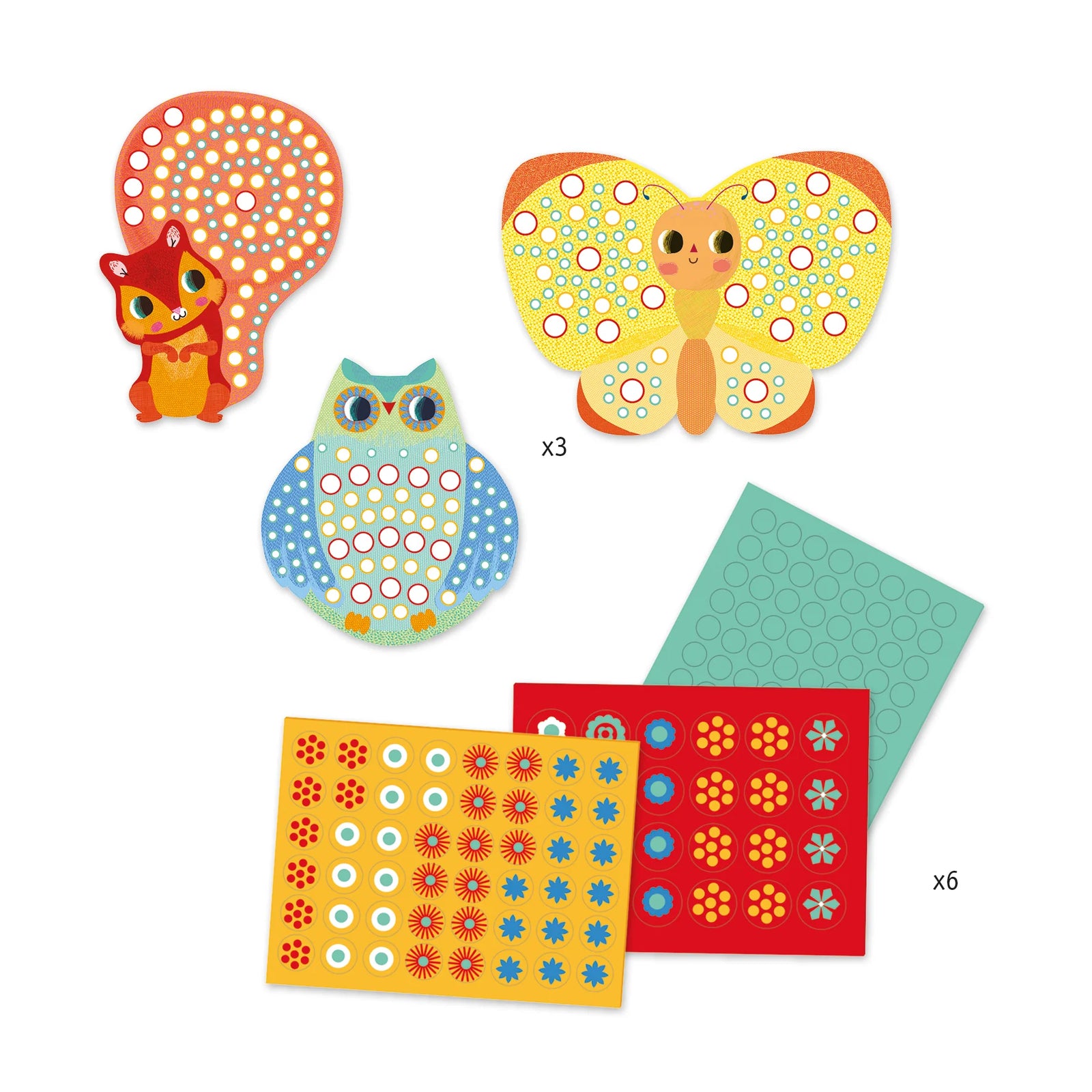 Colorful packaging of a mosaic kit with animals on a white background