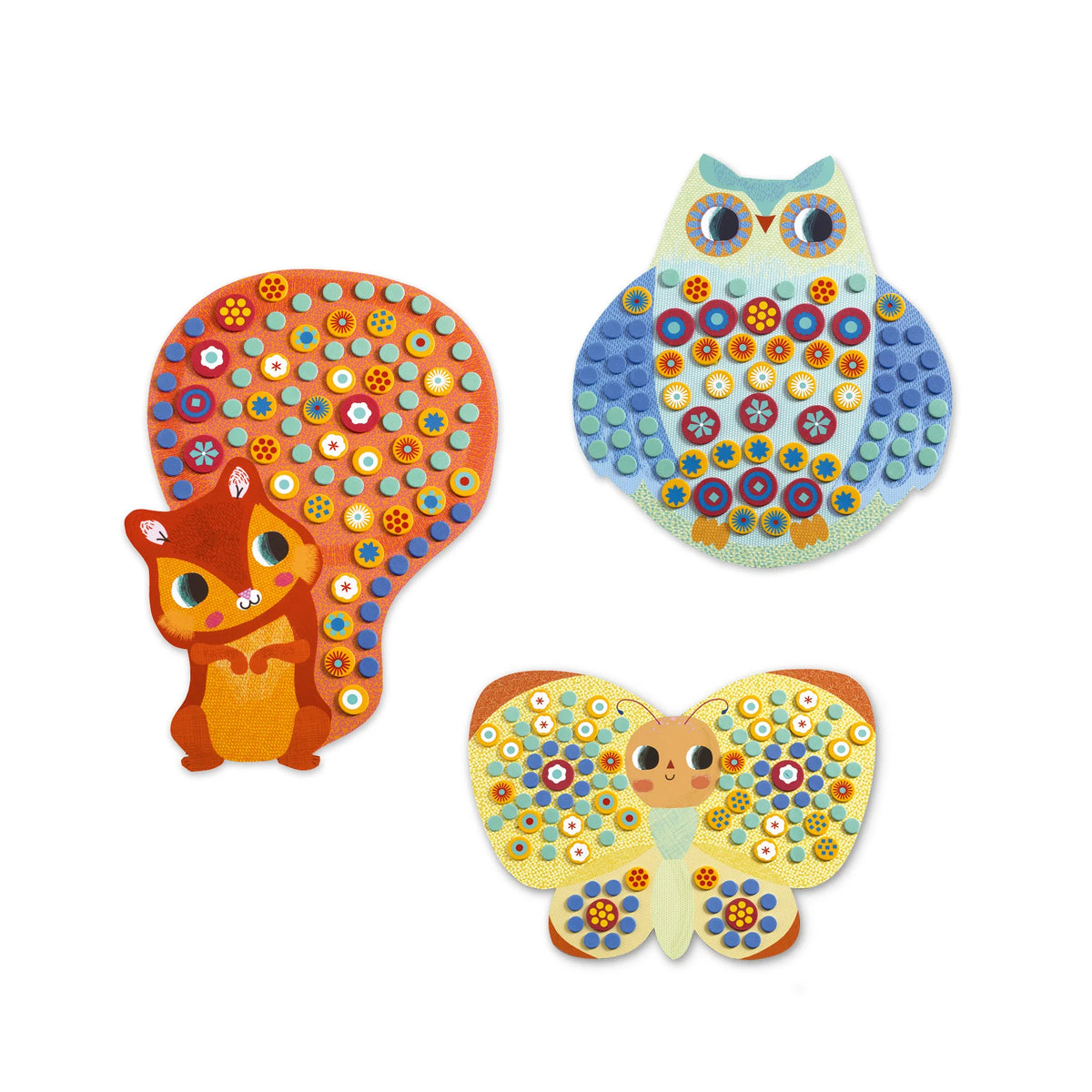 Three colorful animal-shaped stickers on a white background