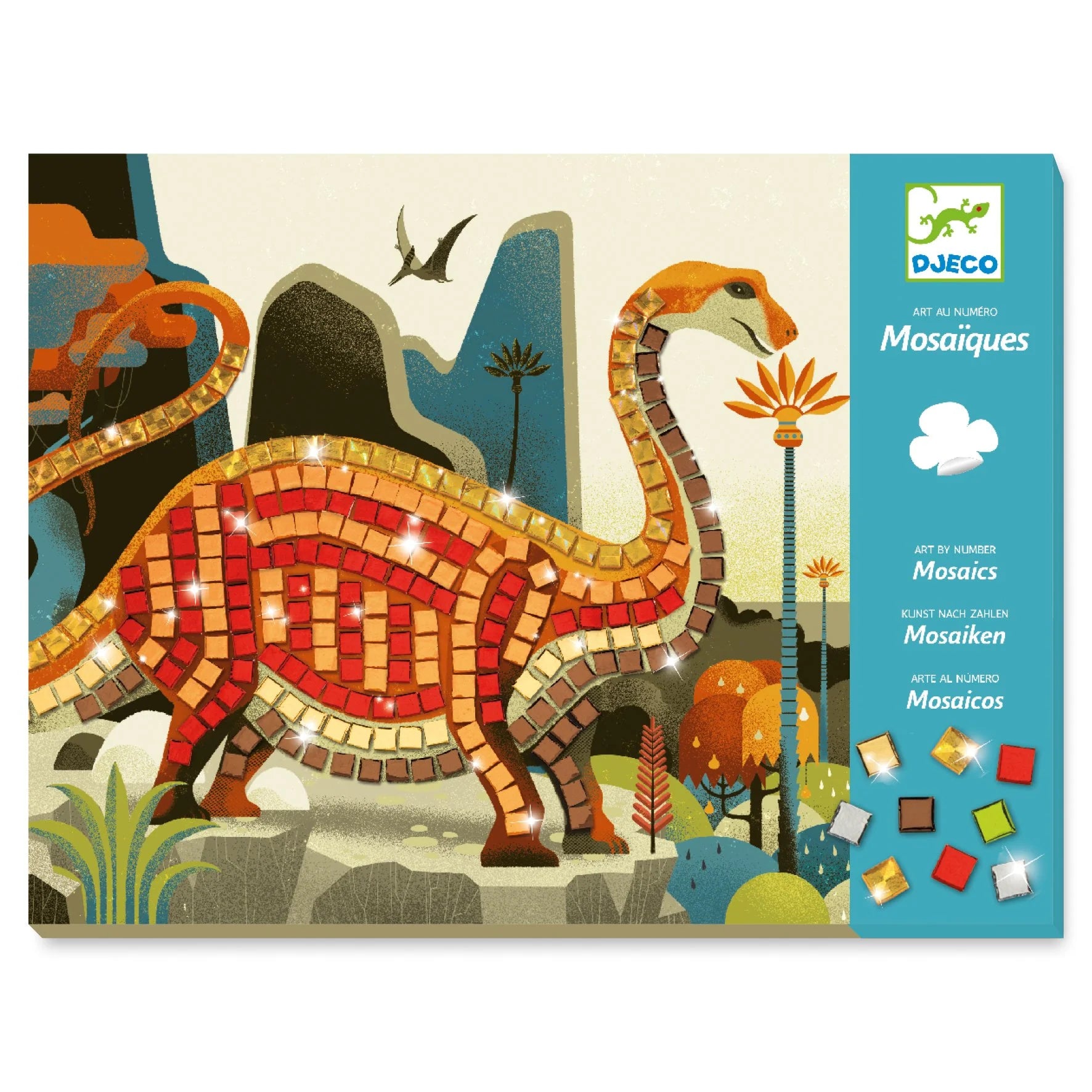 Dinosaur mosaic art kit packaging with colorful mosaic pieces on a white background
