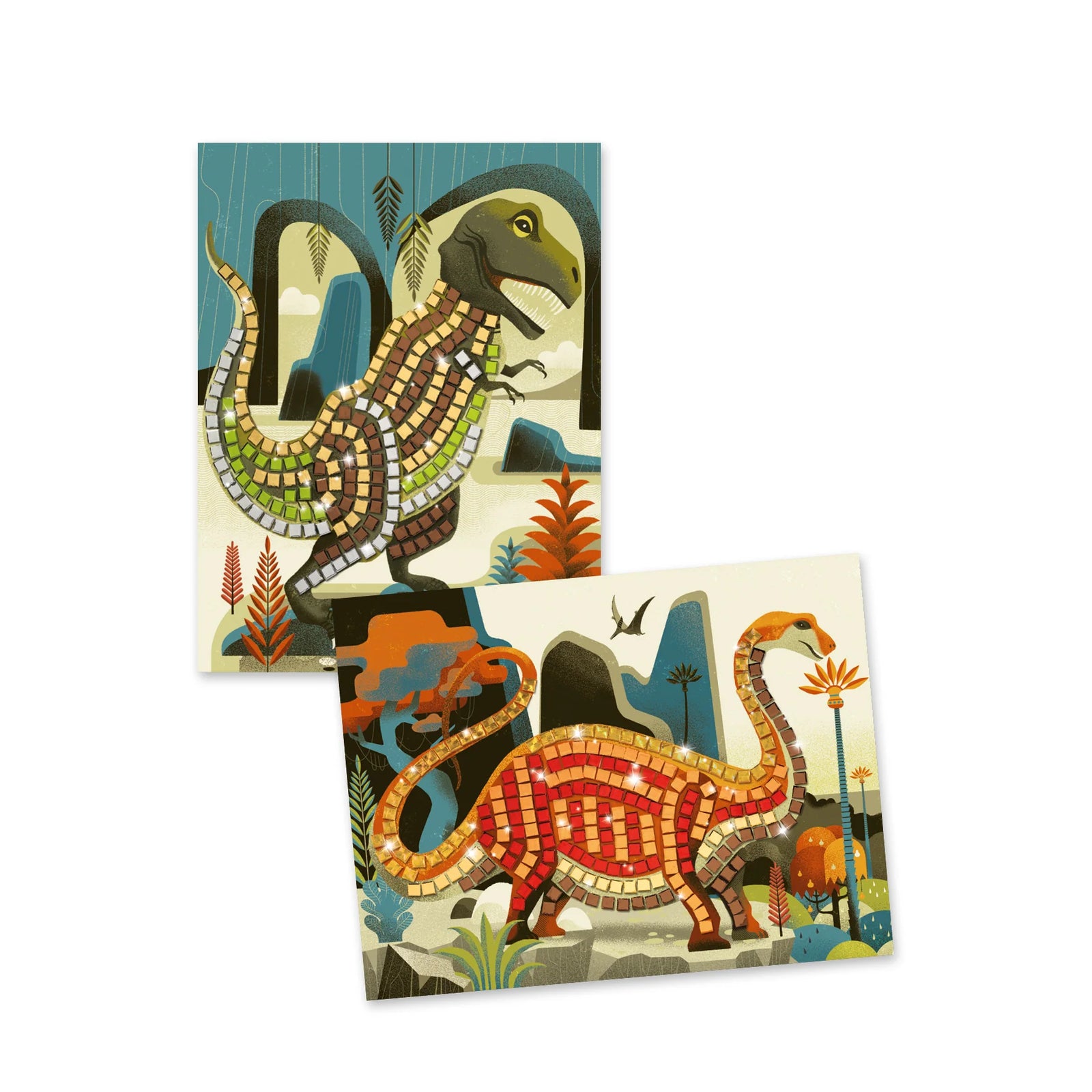 Dinosaur mosaic art kit packaging with colorful mosaic pieces on a white background