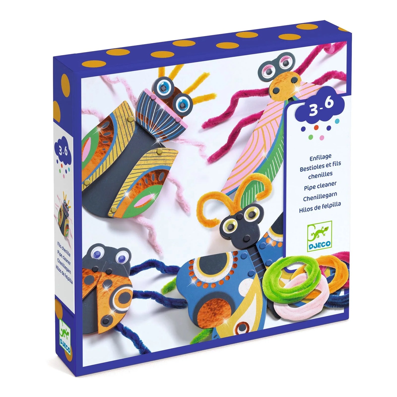 Packaging for 'Fuzzy Bugs Collage' craft kit for children, featuring illustrations of colorful pipe cleaners in the shapes of various creatures with large eyes, and a box with the product contents displayed.