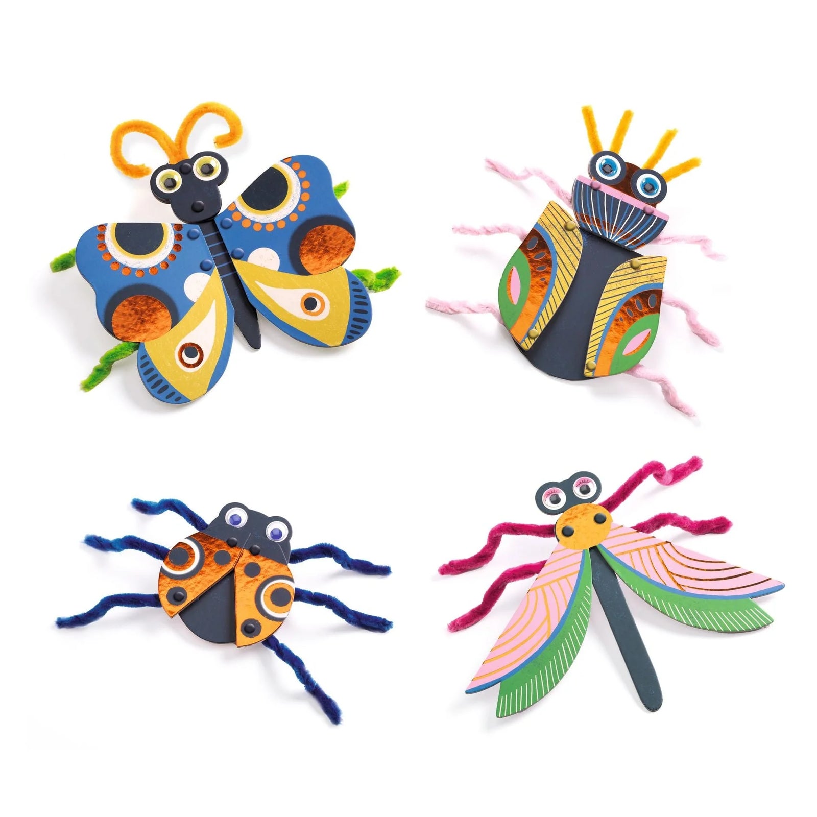Packaging for 'Fuzzy Bugs Collage' craft kit for children, featuring illustrations of colorful pipe cleaners in the shapes of various creatures with large eyes, and a box with the product contents displayed.