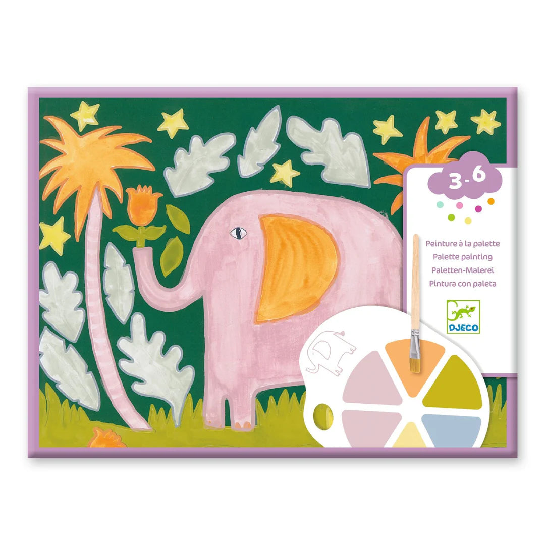 Children's art set with a pink elephant design on a green background, featuring the Djeco brand.